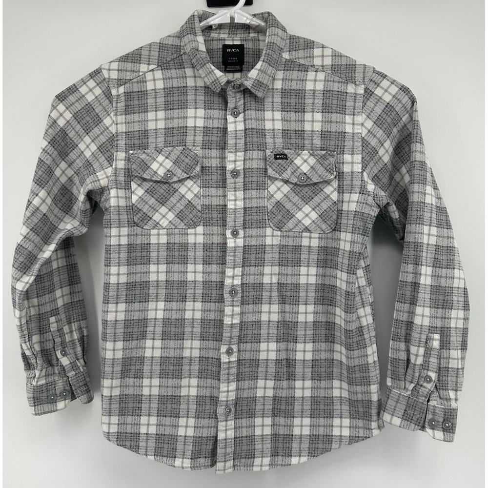 RVCA Regular Fit Long Sleeve Button Down Flannel Shirt Gray‎ White Men's Large
